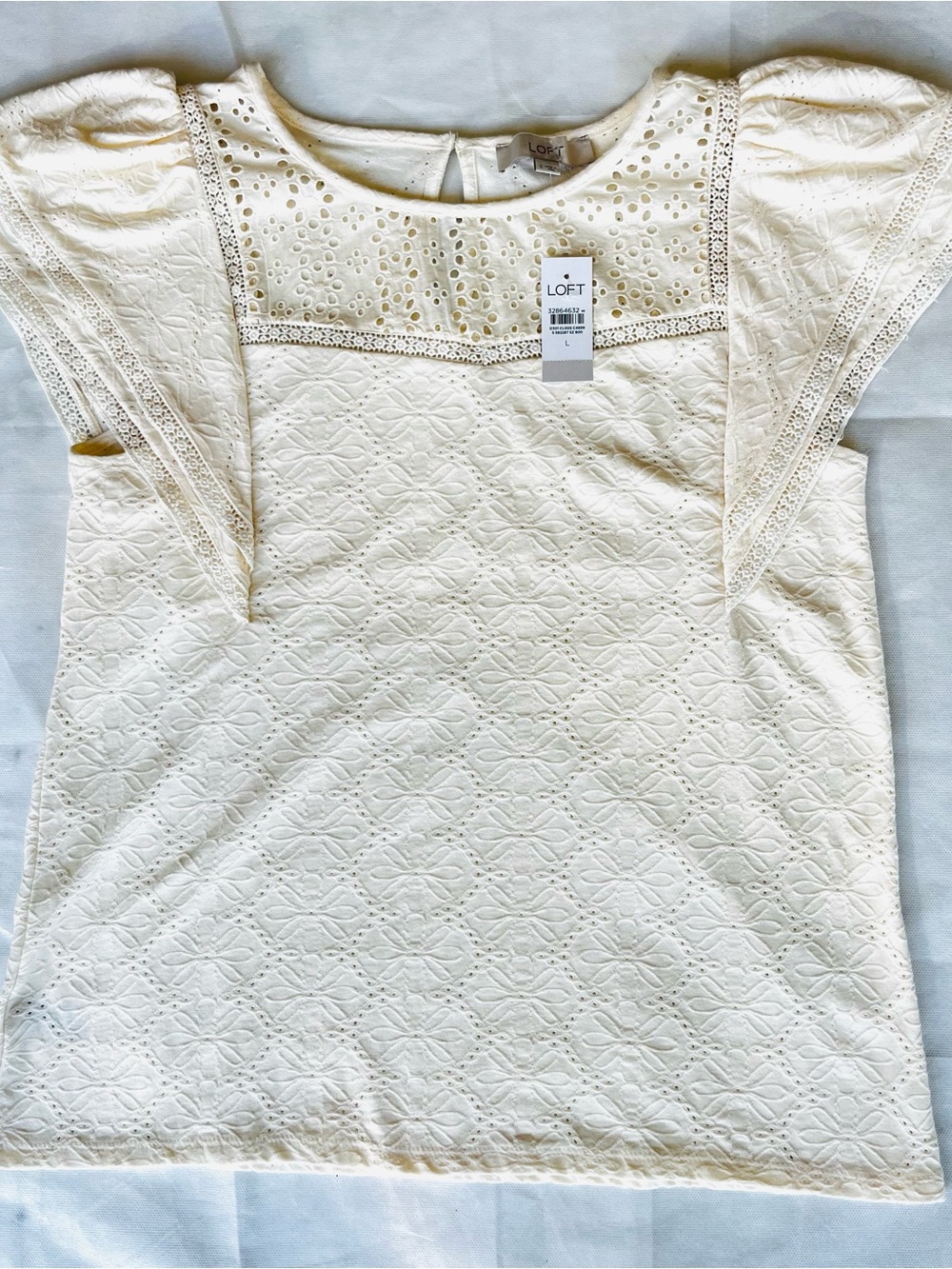 LOFT Cream Eyelet Lace Flutter-Sleeve Blouse Nwt
